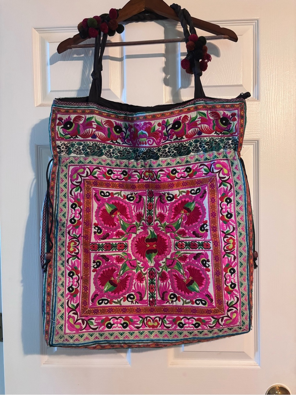 Embroidered Boho Tote Bag in Pink